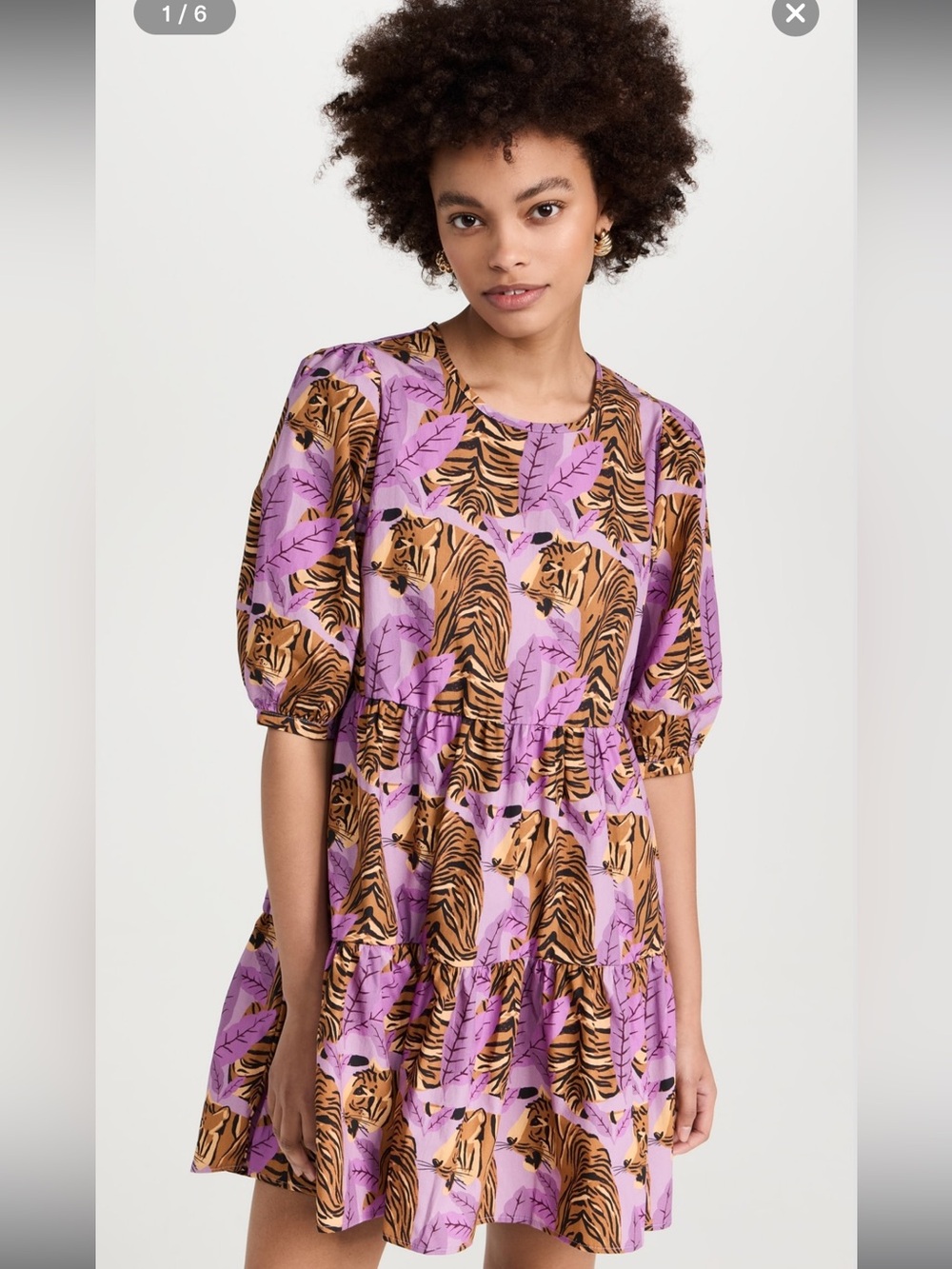 Farm Rio Tiger Print Tiered Dress in Purple & Tan